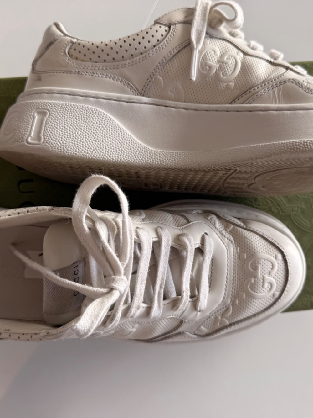 Gucci GG Embossed White Leather Platform Sneakers - Picture 2 of 6